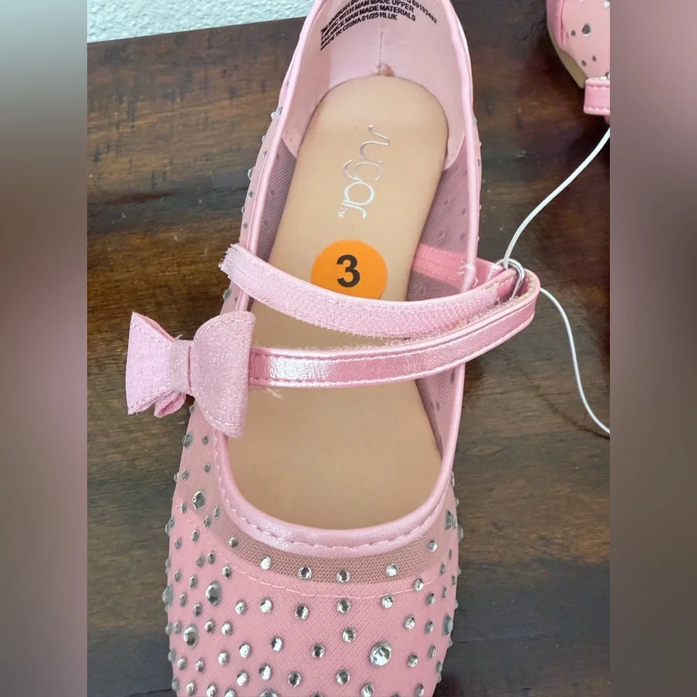Sugar  Flats Shoes Big Girl Size 3M – Pink with Sparkly Rhinestones & Bow  New